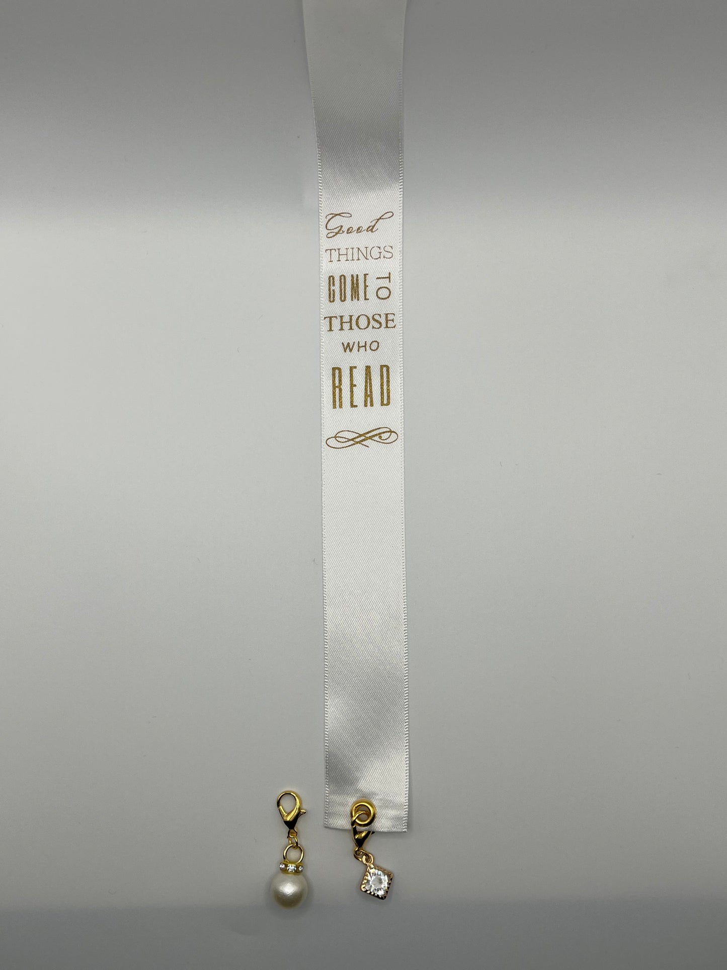 "Good Things Come to Those Who Read" – White Satin Reusable Adhesive Book-It™ Bookmark with Two Charms in Gift Box + Hidden Scratch Gift Message