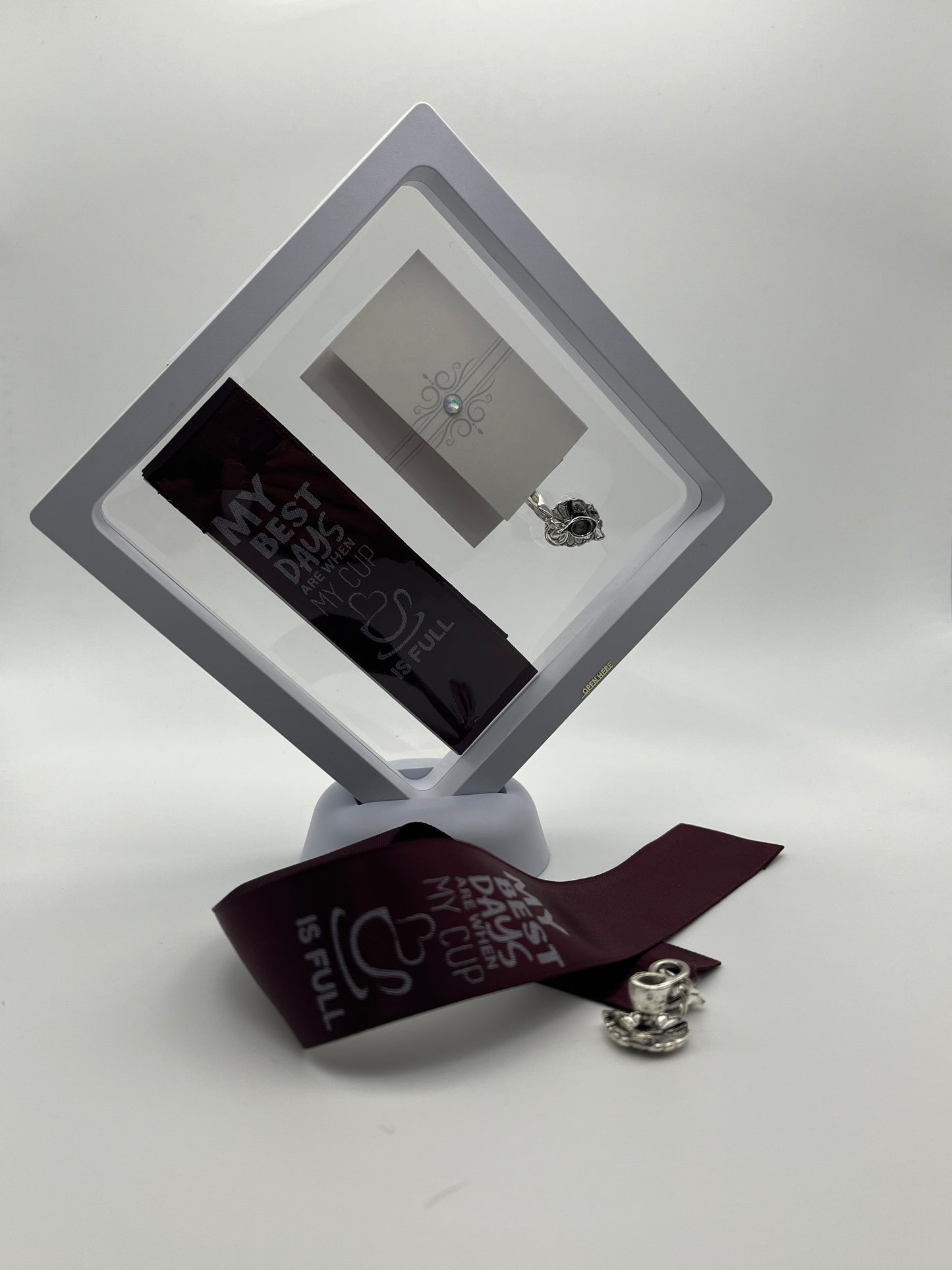 SELF LOVE - “My best days are when my cup is full” - Plum Satin Reusable Adhesive Book-It™ Bookmark with a Charm (Teacup with Saucer) in Gift Box