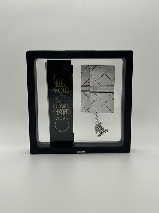 GRADUATION - “Be proud of your hard work” - Black Satin Reusable Adhesive Book-It™ Bookmark with a Charm (Grad Cap and Diploma) in Gift Box