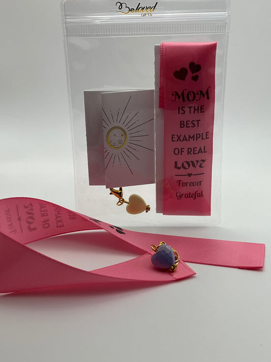 MOTHER’S DAY – “Mom is the best example of real love - forever grateful”- Pink Satin Reusable Adhesive Book-It™ Bookmark with a Charm (Coloured Heart Bead)