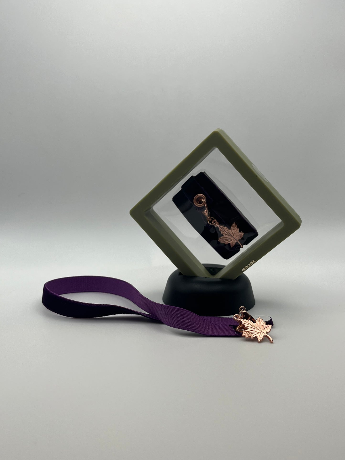 Canadian Maple Leaf – Purple Velvet Reusable Adhesive Bookmark with a Charm (Rose Gold Maple Leaf) in a Mini Gift Box