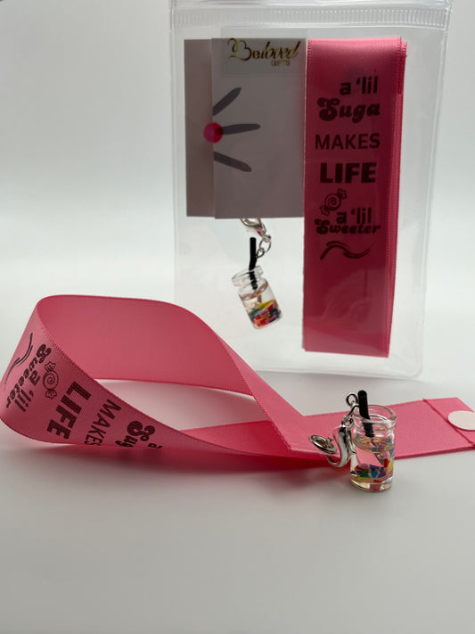 LIFE SWEETNESS – “A ‘lil suga makes life a ‘lil sweeter” - Pink Satin Reusable Adhesive Book-It™ Bookmark with a Charm (Candy Cup)