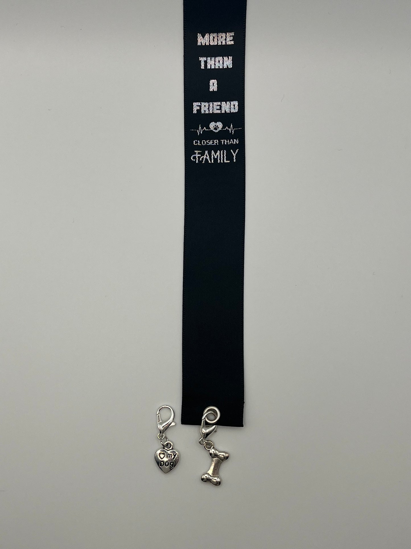 DOG PERSON - “More than a friend, closer than family” - Black Satin Reusable Adhesive Book-It™ Bookmark with Two Charms (Bone and Heart My Dog) in Gift Box