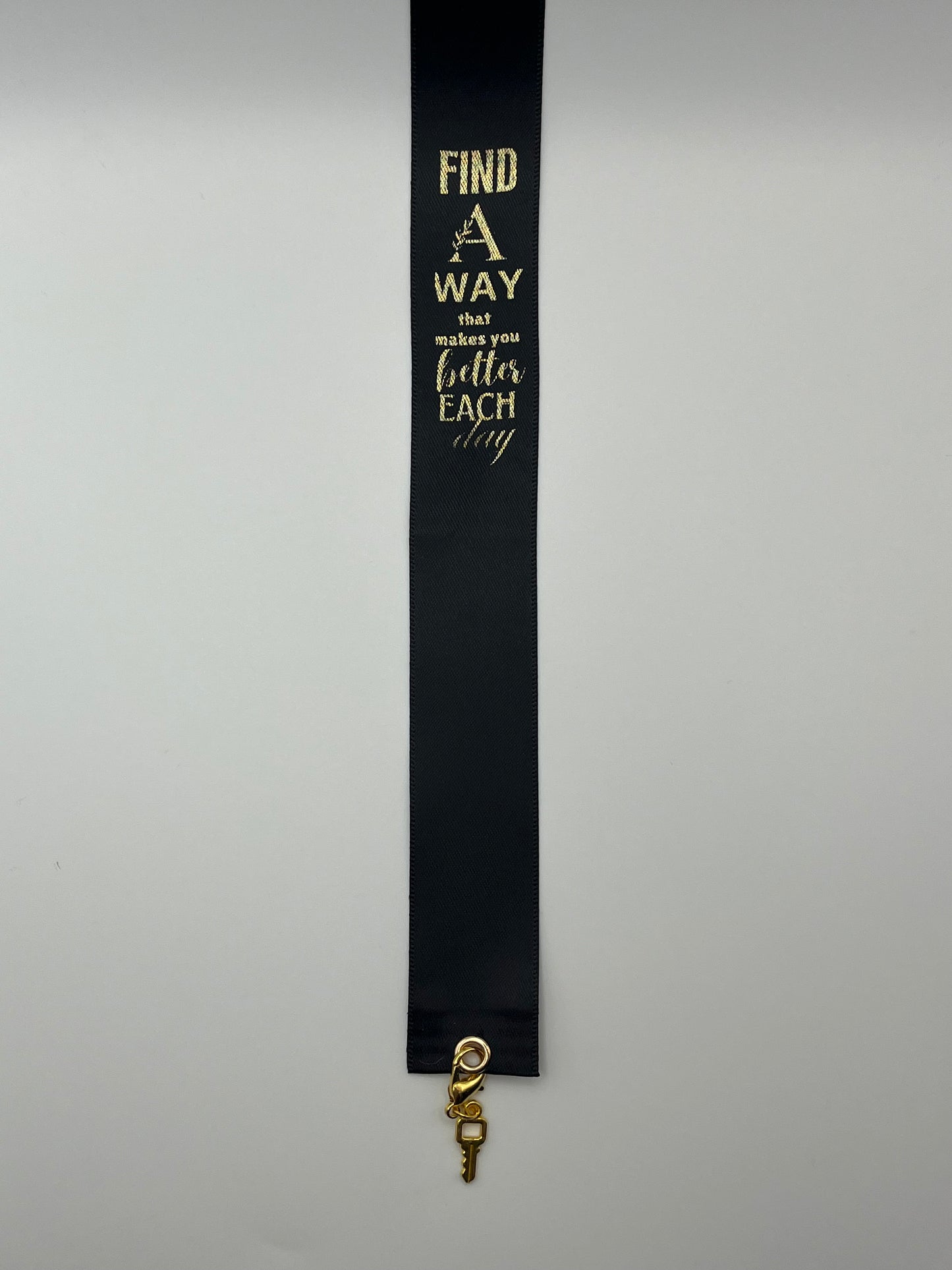 MOTIVATIONAL - “Find a way that makes you better each day” – Black Satin Reusable Adhesive Book-It™ Bookmark with a Charm (Gold Key) in Gift Box