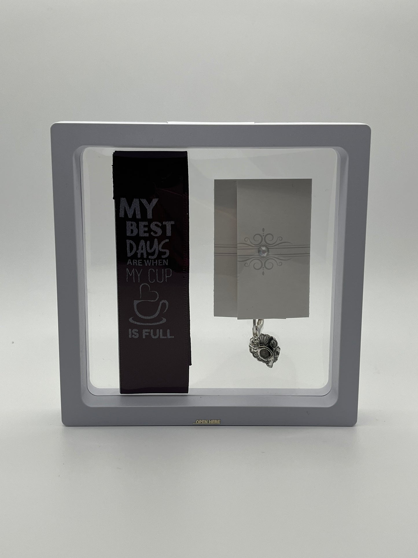 SELF LOVE - “My best days are when my cup is full” - Plum Satin Reusable Adhesive Book-It™ Bookmark with a Charm (Teacup with Saucer) in Gift Box