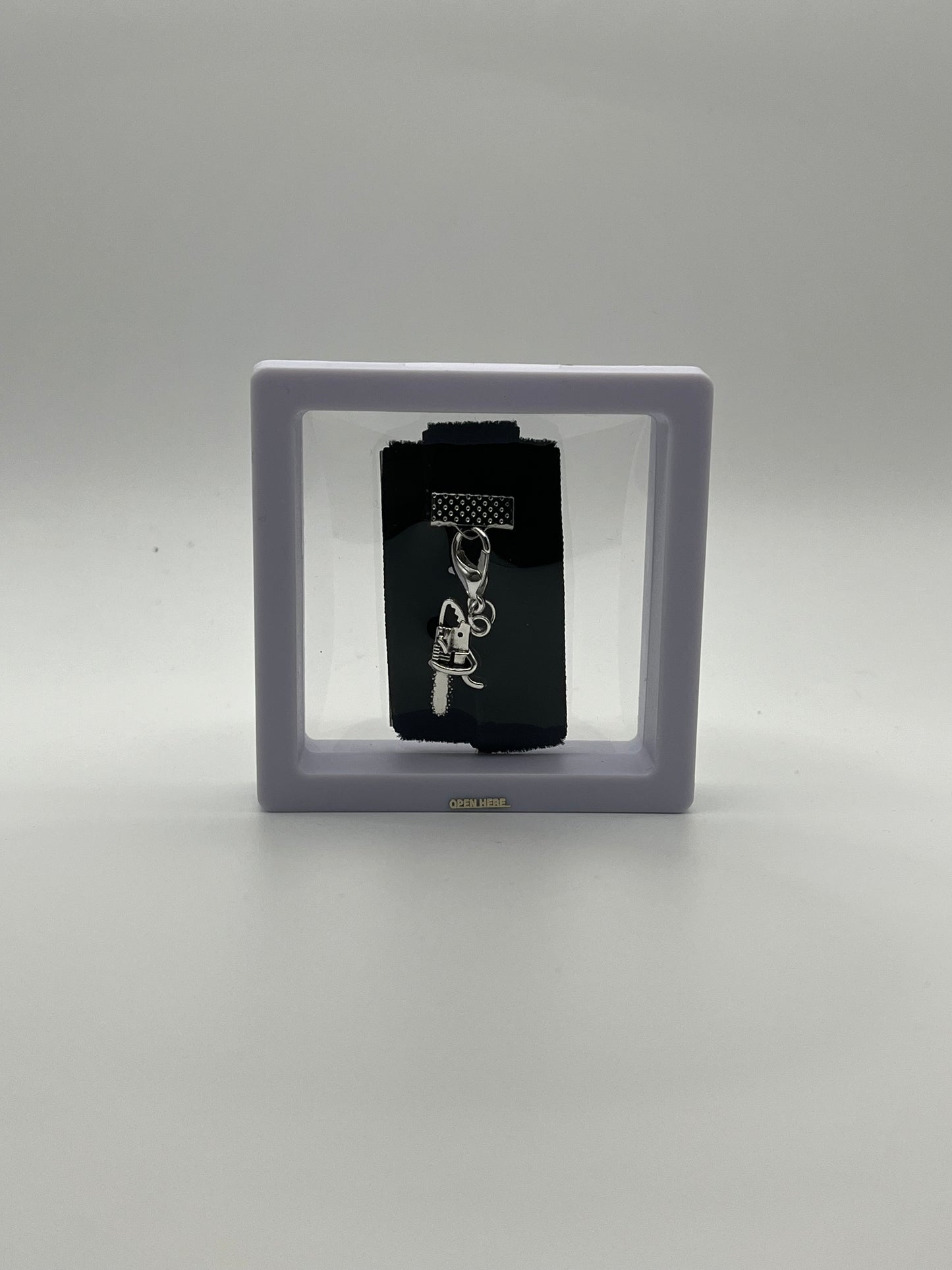 FOR HIM – Black Velvet Reusable Adhesive Book-It™ Bookmark with a Charm (Chainsaw) in a Mini Gift Box