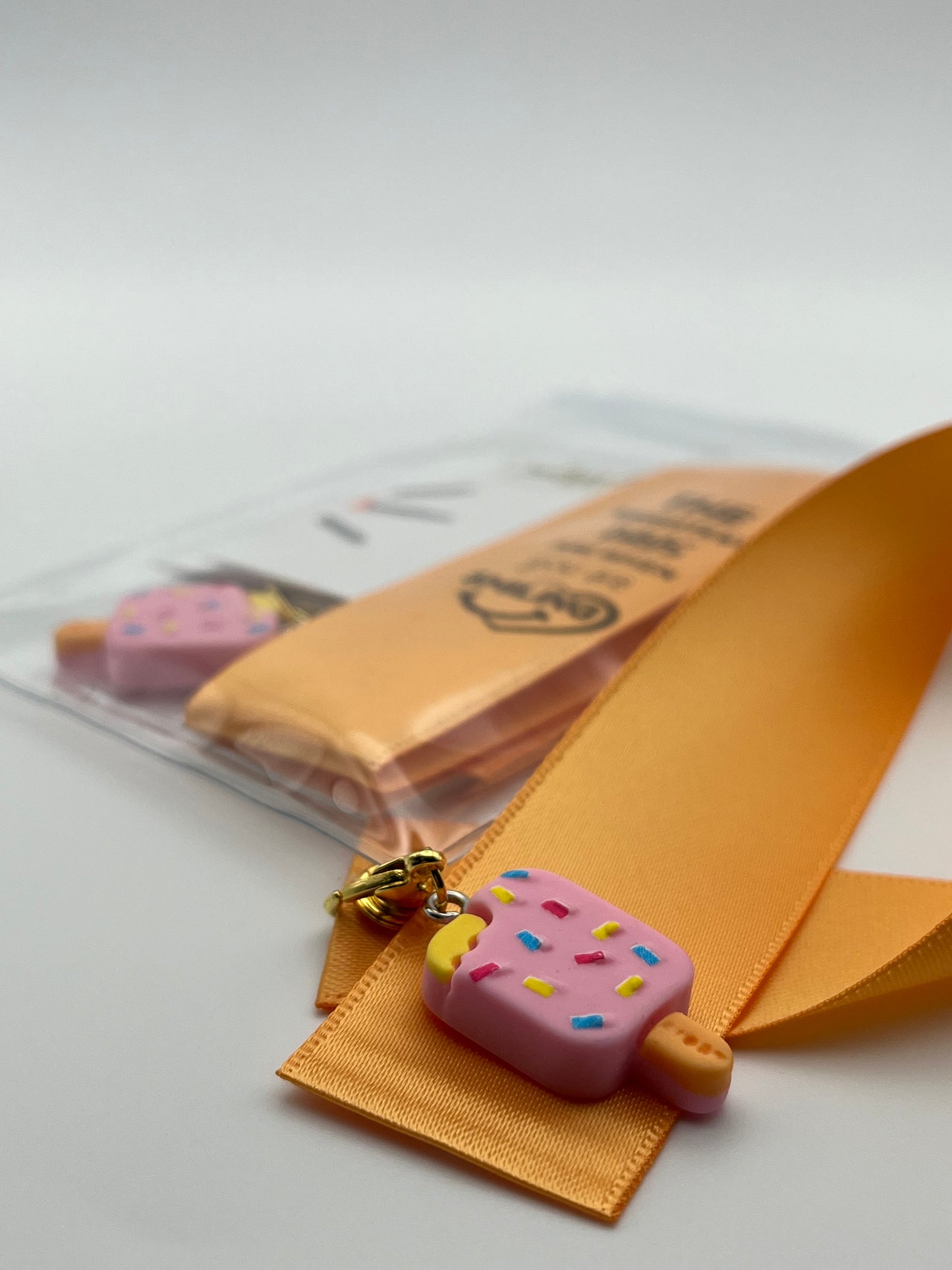 LIFE SMILES – “The brightest days are when you are smiling” - Orange Satin Reusable Adhesive Book-It™ Bookmark with a Charm (Ice Cream Popsicle)