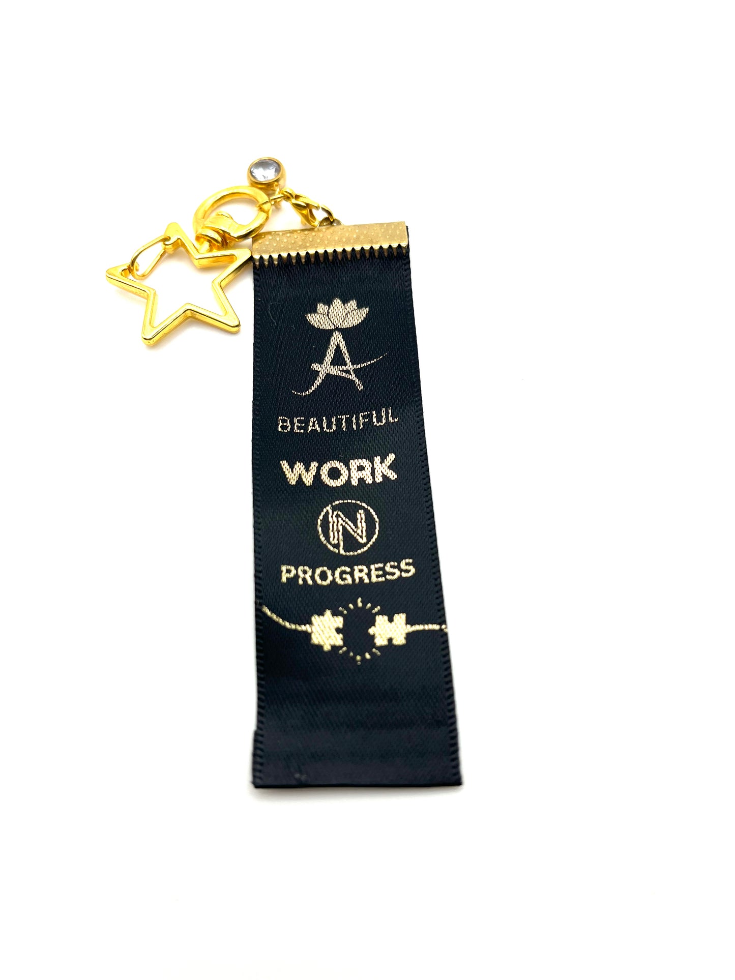 A Beautiful Work in Progress – Inspirational Keychain Gift - – Black Ribbon with Gold Text -  Gold Swivel Star Keyring and Gem