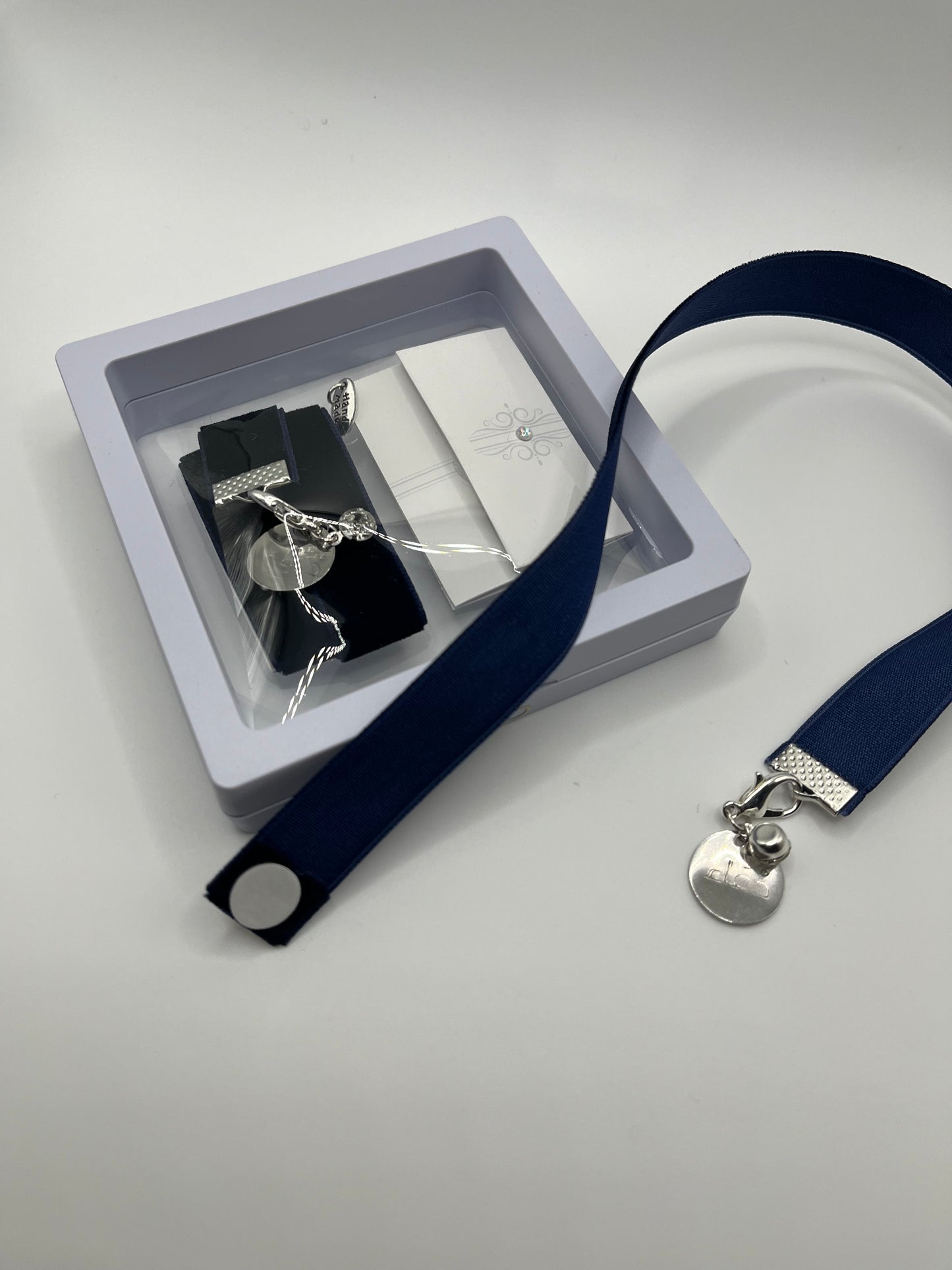 Navy Blue Velvet Reusable Adhesive Book-It™ Bookmark with دعاء Hand stamped on Circle Charm and Rhinestone in Gift Box + Hidden Scratch Gift Message