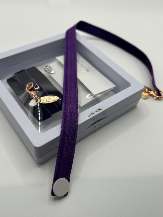 Purple Velvet Reusable Adhesive Book-It™ Bookmark with دعاء (Dua in Arabic) Hand Stamped on Rose Gold Charm and Mini White Heart Charm in Gift Box + Hidden Scratch Gift Message