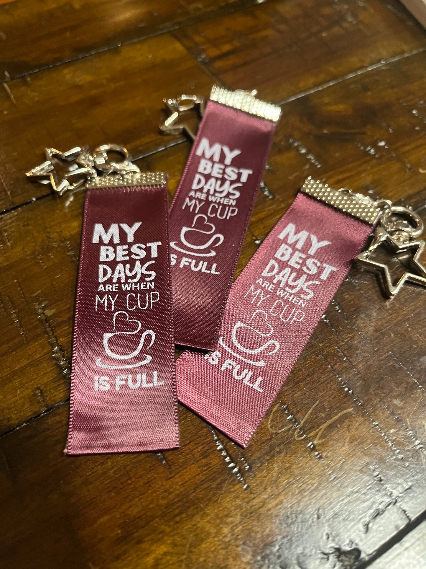 My Best Days Are When My Cup is Full – Inspirational Keychain Gift - Burgundy Ribbon with White Text - Silver Swivel Star Keyring and Gem