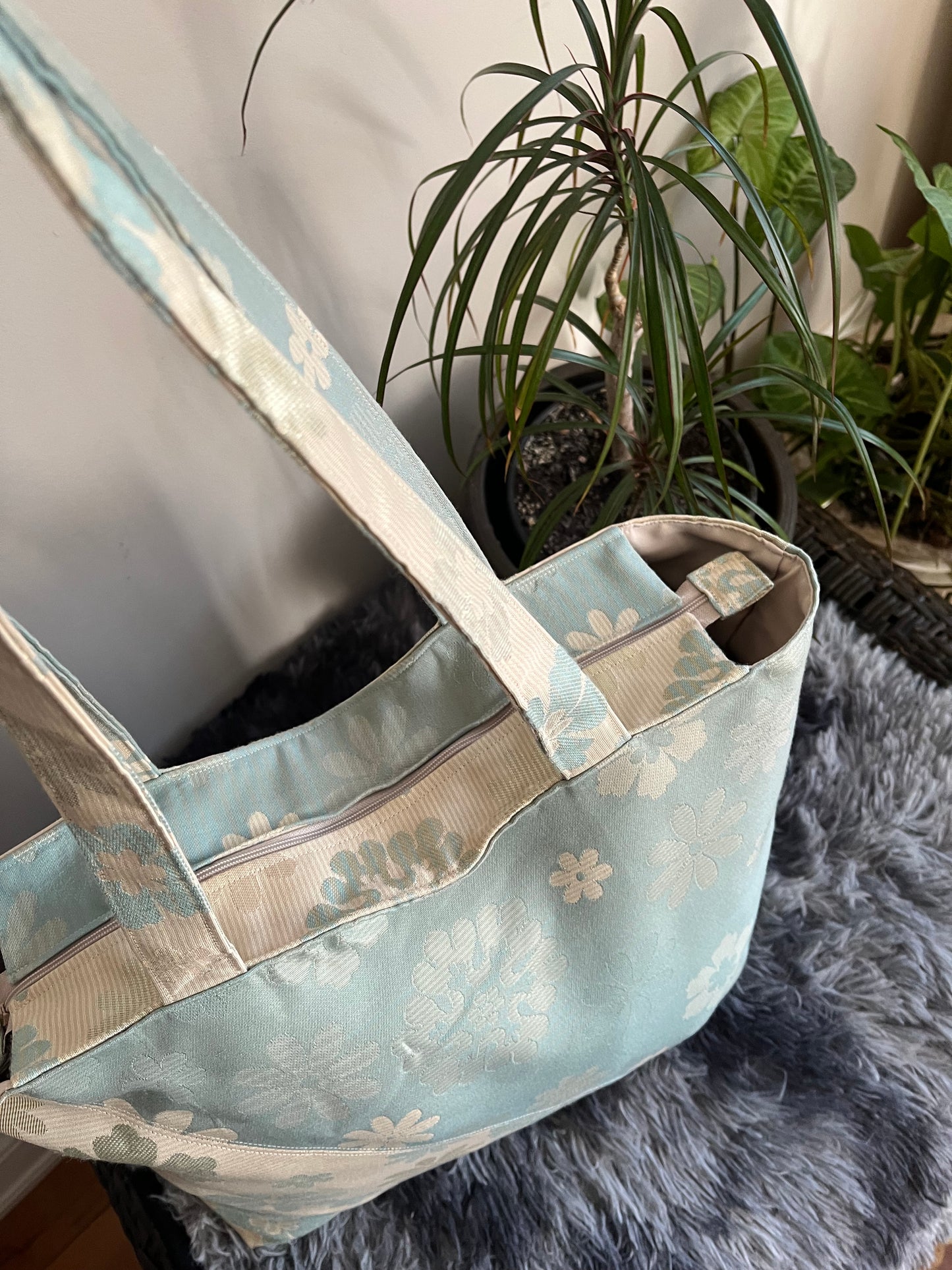 Lush Daisy Splash Tote- Handmade Jacquard Floral Golden Beige & Turquoise - Large Tote Bag