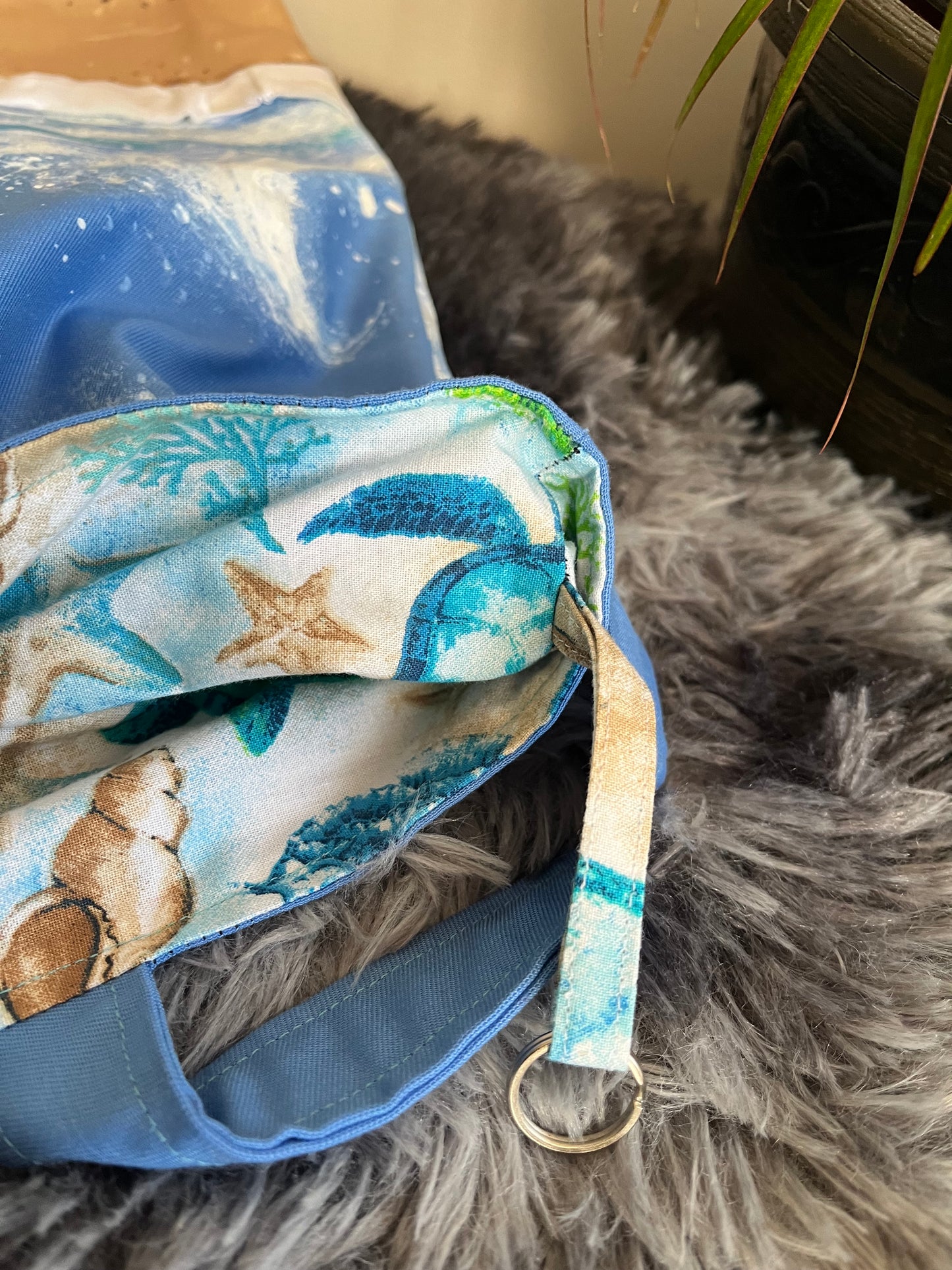 Beach Vibes Tote – Hand-Painted Waves, Stitched on Shells and Satin Foam Large Tote Bag