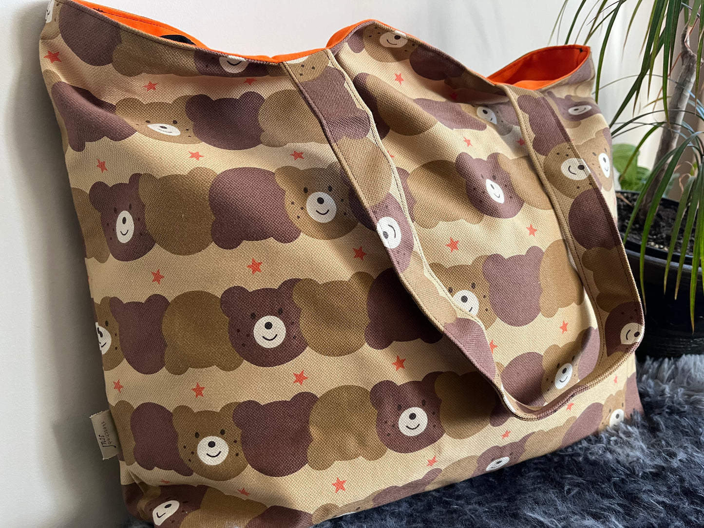 Beary Fun Tote– Handmade Brown Bear Face Love Large Tote Bag with Orange Inside