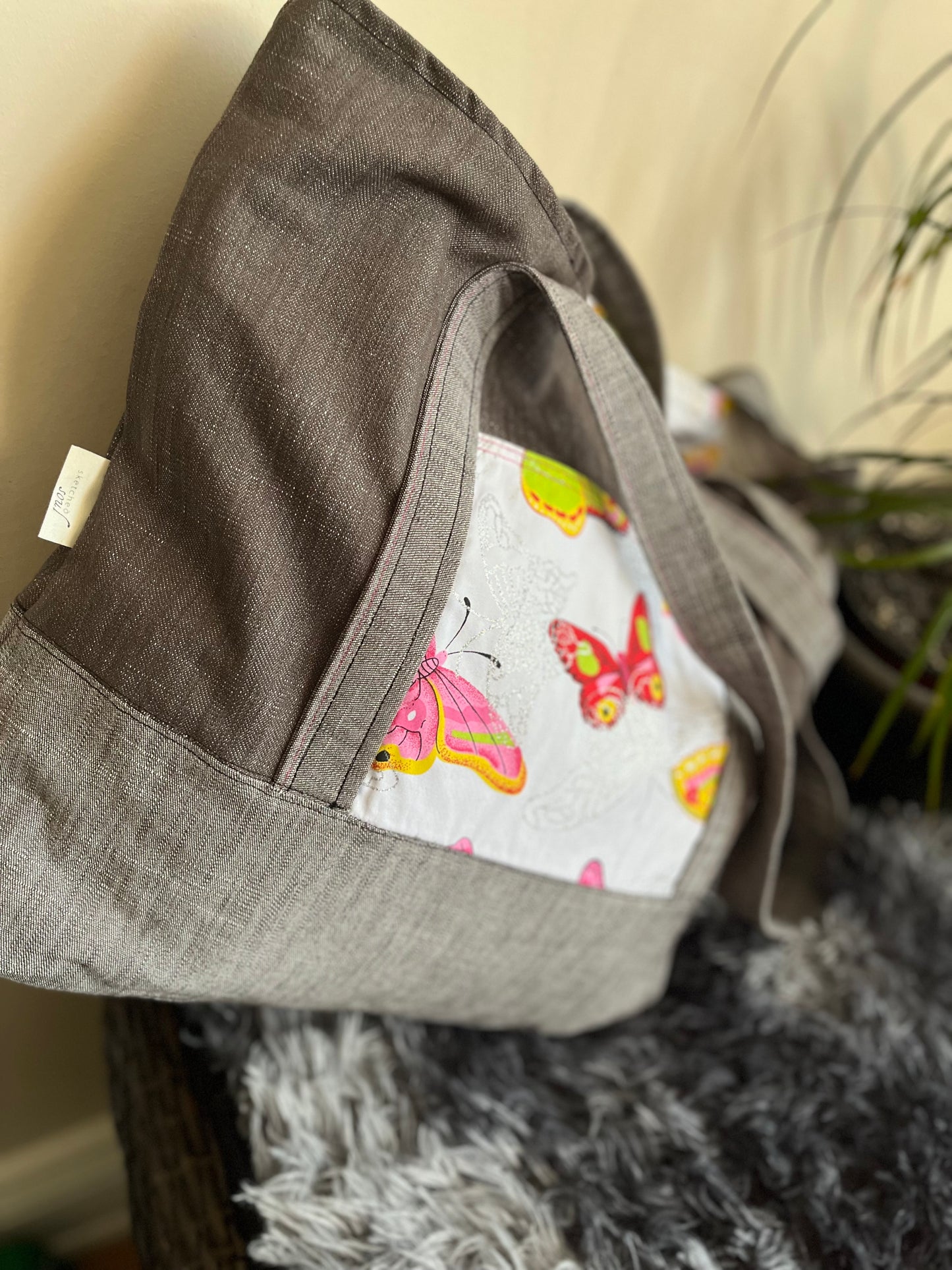 Scattered Butterflies Tote – Grey Two Tone, Large Tote with Outer Butterfly Print Pocket and Matching Print Inside