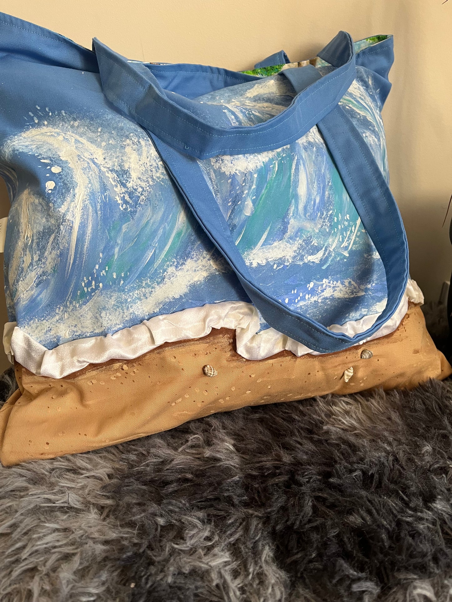 Beach Vibes Tote – Hand-Painted Waves, Stitched on Shells and Satin Foam Large Tote Bag