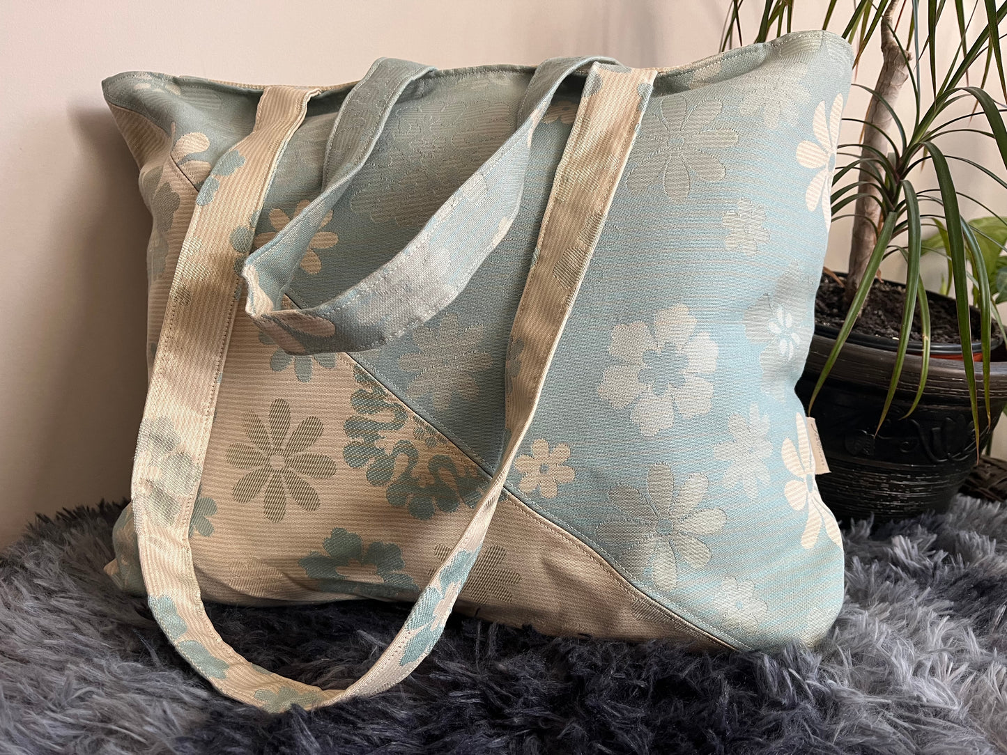 Lush Daisy Splash Tote- Handmade Jacquard Floral Golden Beige & Turquoise - Large Tote Bag