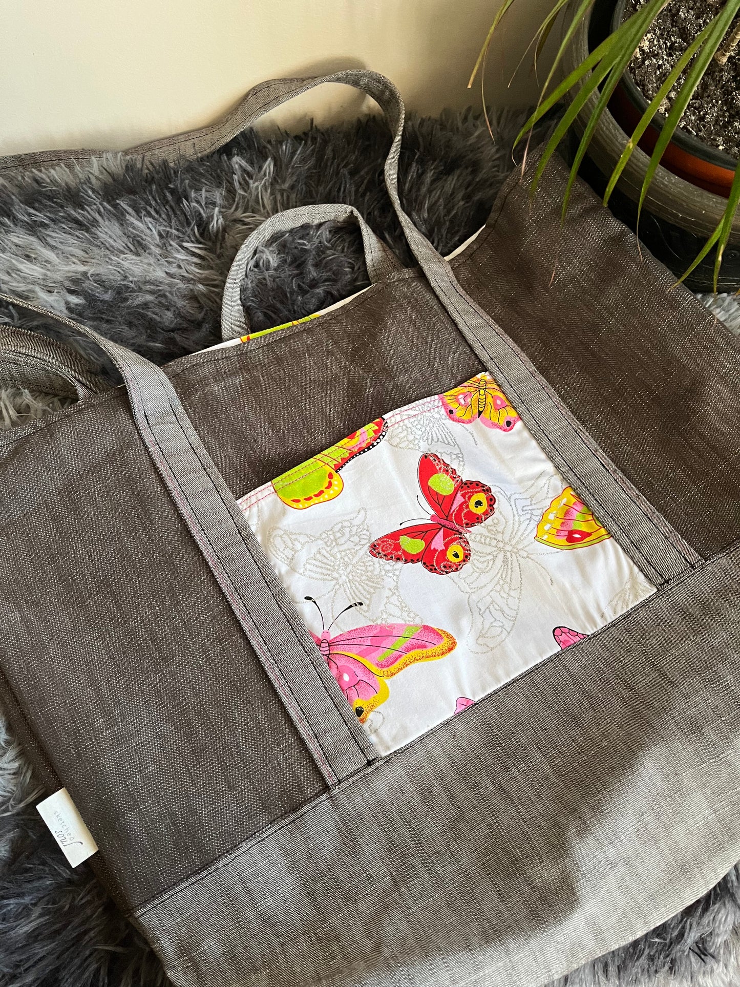 Scattered Butterflies Tote – Grey Two Tone, Large Tote with Outer Butterfly Print Pocket and Matching Print Inside