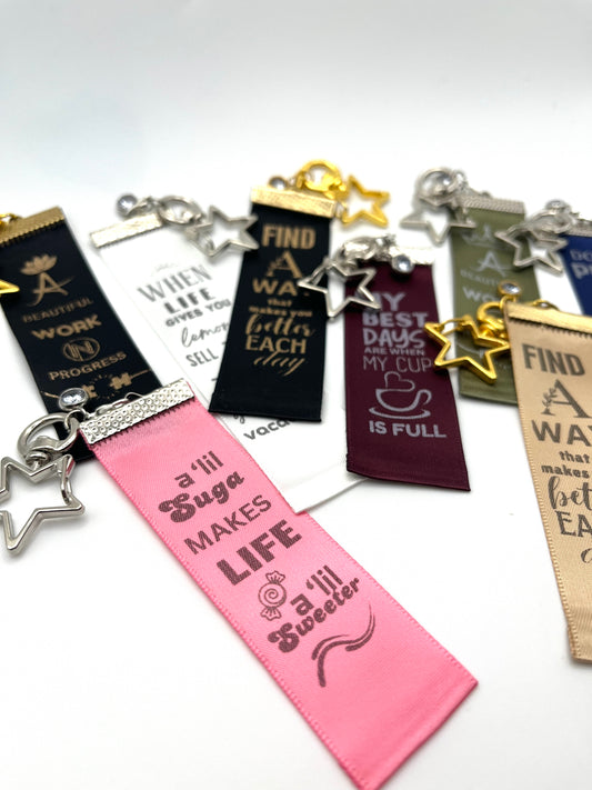 A Little Suga Makes Life a ‘Lil Sweeter –– Inspirational Keychain Gift - Pink Ribbon with Grey Text - Silver Swivel Star Keyring and Gem