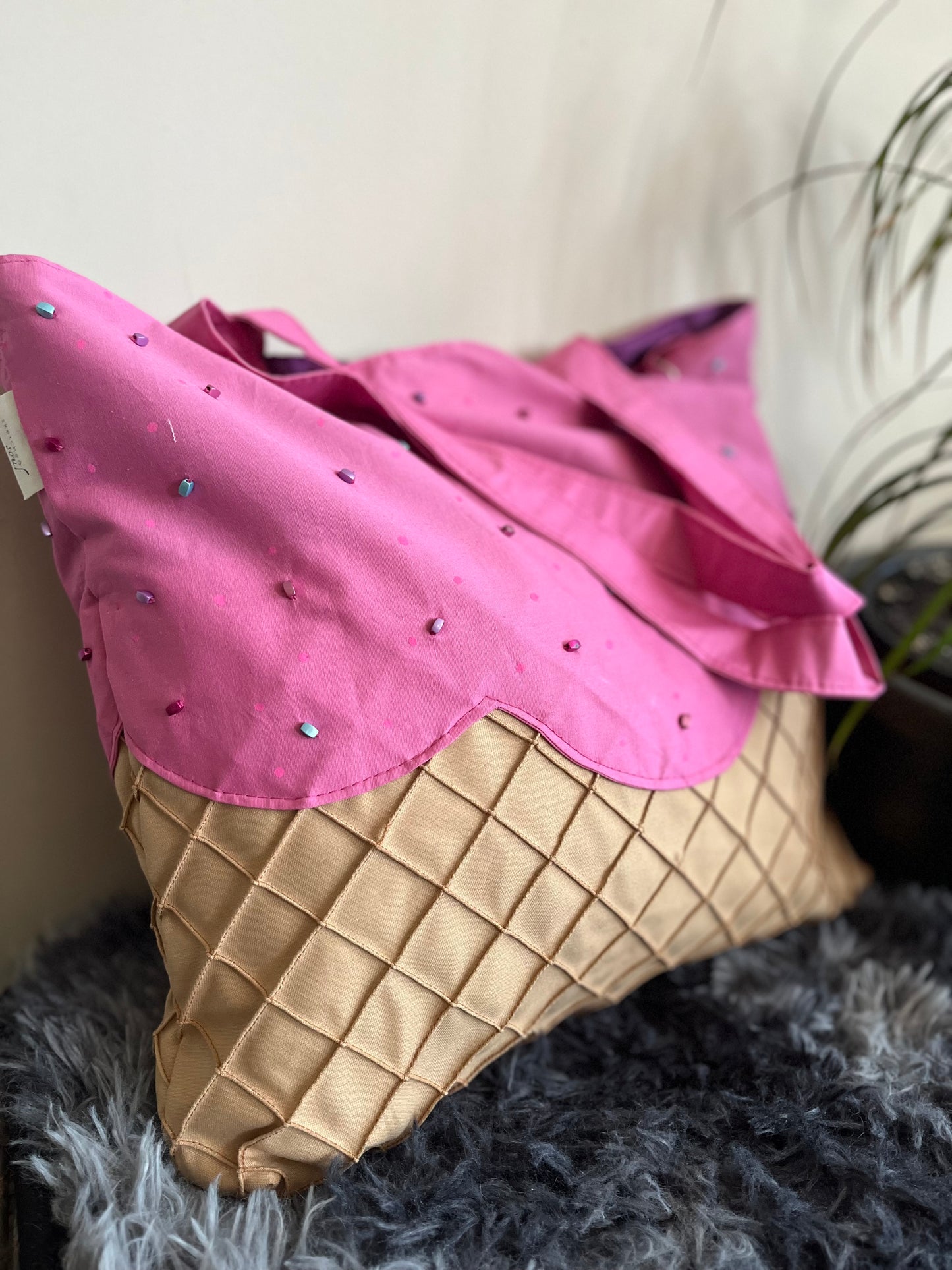 Strawberry Sprinkle Ice Cream Cone – Handmade Textured Waffle Effect, a Soft Bright Pink Top with Coloured Beads Medium Tote